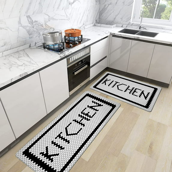 Black Grey Kitchen Rugs Mats Set 2 Pieces Abstract Modern Art Cushioned Anti-Fatigue Kitchen Rug Waterproof Non Slip Comfort Heavy Duty Standing Floor Mat Carpets for Kitchen Laundry, 17"x47"+17"x28"
