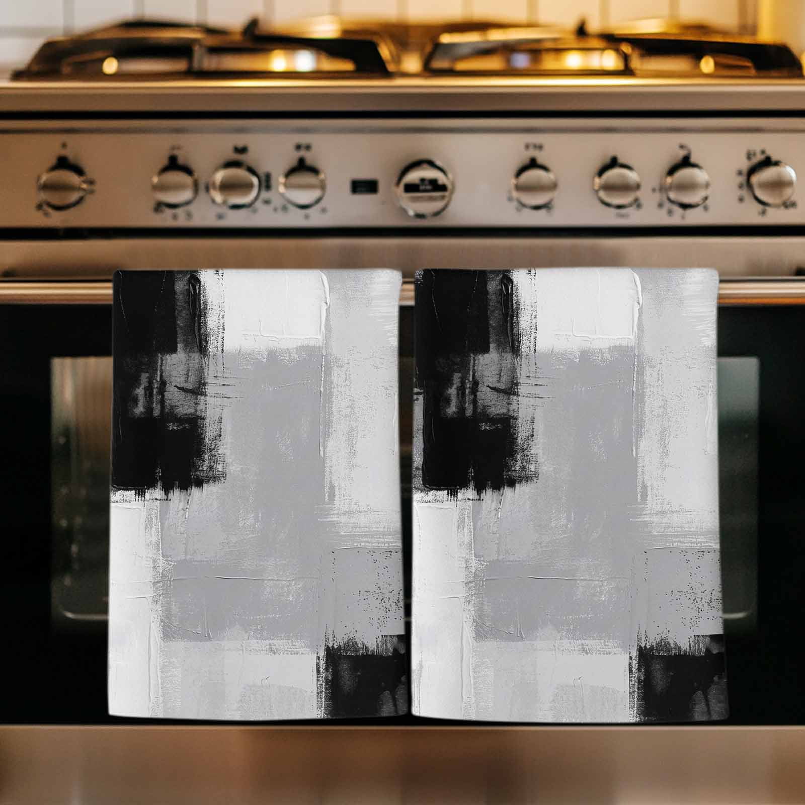 Black Grey Kitchen Towels Set of 4, Abstract Geometric Color Block Oil ...