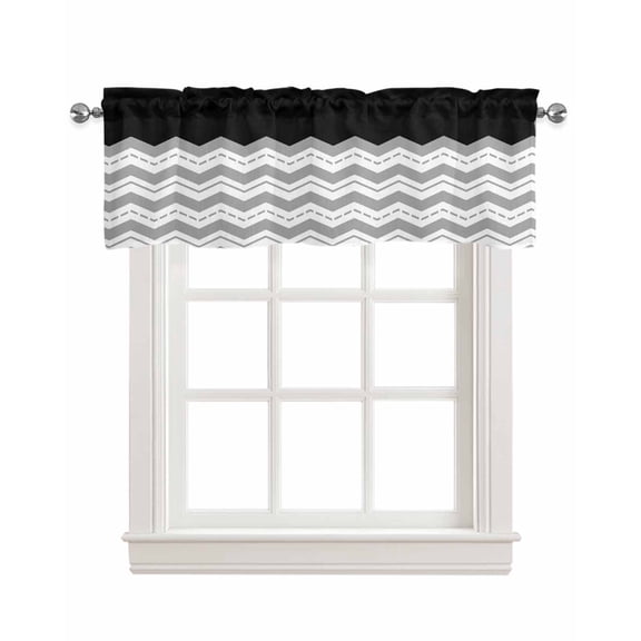 Black Grey Kitchen Valances for Windows Farmhouse Linen Window Valance Curtain for Living Room Window Treatment Geometric Chevron Print Wavy Striped White Valance Rod Pocket Topper, 60 x 18 Inch