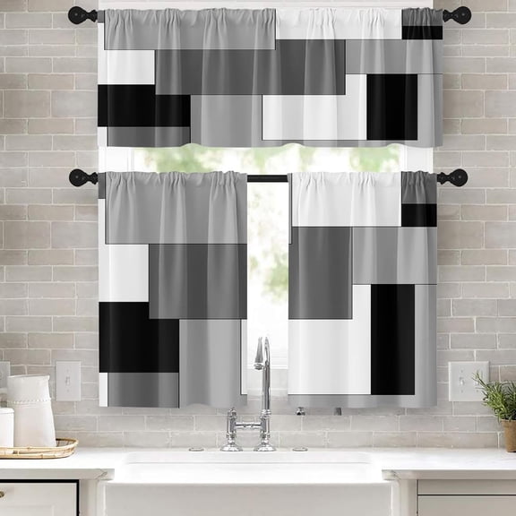 Black Grey Kitchen Window Curtains Valance and Tier Set, Dark Grey White Modern Rod Pocket Short Tier Curtain, Abstract Small Cafe Drapes for Kitchen Decor 52" x 24"