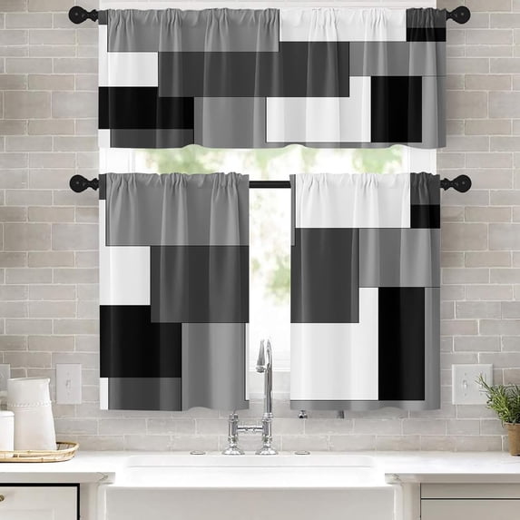 Black Grey Kitchen Window Curtains Valance and Tier Set, Dark Grey White Modern Rod Pocket Short Tier Curtain, Abstract Small Cafe Drapes for Kitchen Decor 52" x 24"