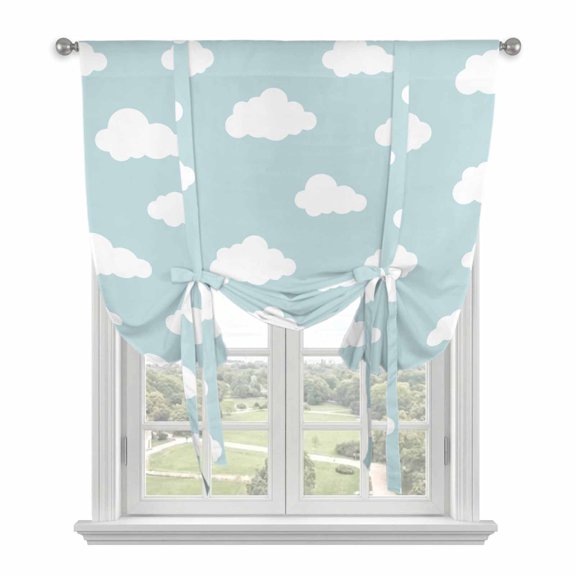 Clouds Tie Up Curtain for Window, Blue Sky Adjustable Tie Up Balloon Curtain Valances Rod Pocket Window Treatment for Kitchen Bathroom Bedroom 42"x63"