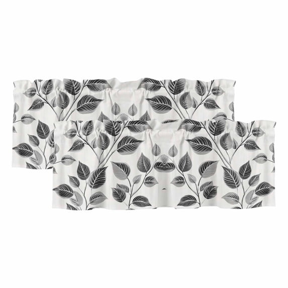 Black Grey Leaves Curtain Valances for Windows, Kitchen Valance Window Treatments Panel 2 Pack, Vintage Botanical Branches Rod Pocket Short Curtains for Bathroom Bedroom 42 x 12 Inch