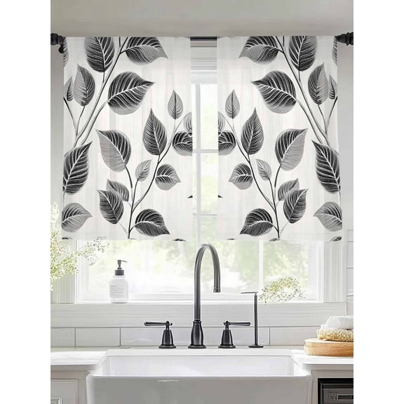 Black Grey Leaves Sheer Curtains for Living Room Bedroom Vintage Botanical Branches Sheer Curtains 54 Inch Long 2 Panels Set Light Filtering Curtain Window Treatments Drapes for Dining Room