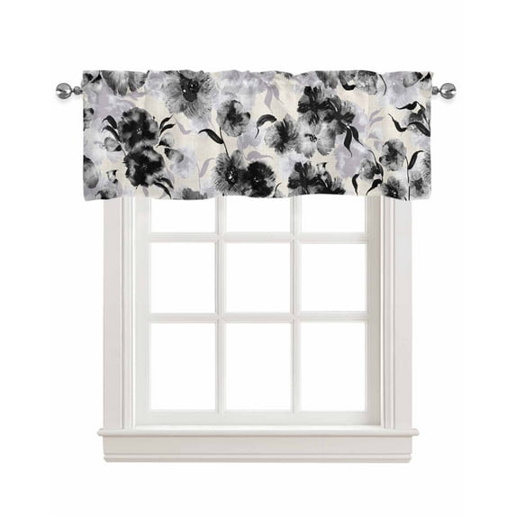 Black Grey Linen Curtain Valance for Bedroom/Bathroom/Kitchen/Office/Living/Dining Room Windows, Watercolor Ink Painting Aesthetics Floral Rod Pocket Topper Decorative Cafe Drapes Panel 54"x18"