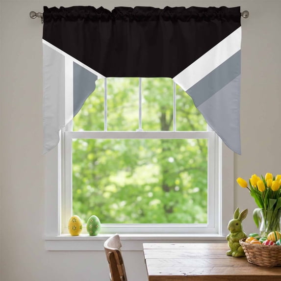 Black Grey Lines Swag Valances for Kitchen Window, Geometric Abstract ...