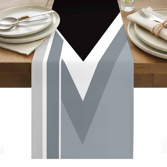 Black Grey Lines Table Runner 13 x 36 Inch, Geometric Abstract Black White Grey Texture Washable Cotton Linen Dining Table Runner Tabletop Decorations for Restaurant Home Kitchen Party