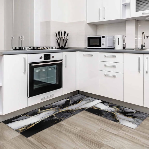 Black Grey Marble 2 Pieces Non-Slip Kitchen Mat Set Modern Gradient Abstract Aesthetic Soft Door Mat with Rubber Backing,Dirtproof Rugs for Entrance Doorway 23.6x35.4in+23.6x70.9in