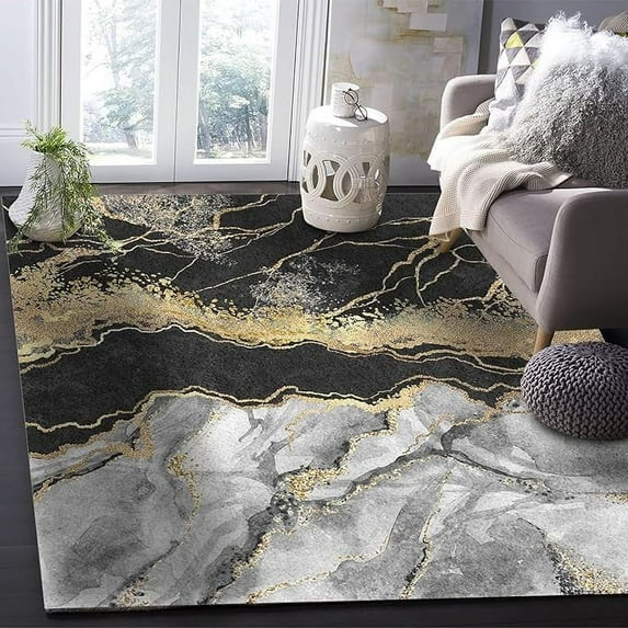 Black Grey Marble Area Rug, Modern Yellow Lines Ink Painting Soft Rug With Anti-Slip Backing Durable Carpet For Living Room Bedroom Dining Room 5 x 7ft