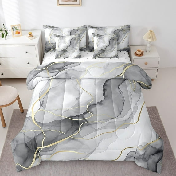 Black Grey Marble Grain Twin Comforter Set 7 Piece Abstract Tie Dye Marble Bed In A Bag With Sheets For Men Women Gold Fluid Ink Marbling Bedding Set Stone Grain Bed Set