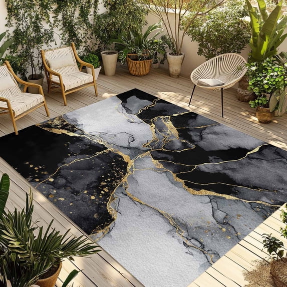 Black Grey Marble Outdoor Rug for Patio/Deck/Porch, Non-Slip Large Area Rug 3 x 5 Ft, Modern Gradient Abstract Aesthetic Indoor Outdoor Rugs Washable Area Rugs, Reversible Camping Rug Carpet Runner