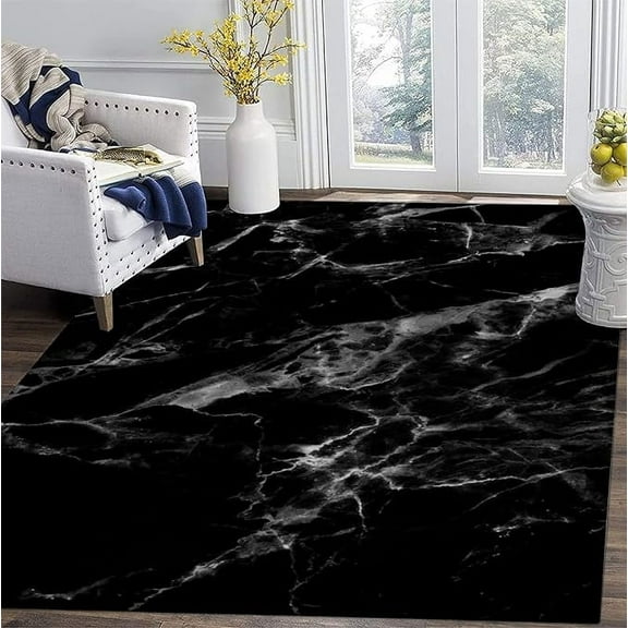 Black Grey Marble Pattern Area Rugs, Modern Abstract Soft Washable Carpet, Upholstery Rug With Non-Slip Backing For Bedroom Living Room Dining Room Study 5 x 6ft