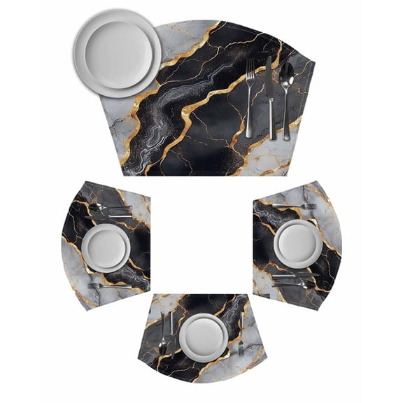 Black Grey Marble Round Table Placemats Set of 2 Wedge Placemats, Abstract Gold Water Ripple Rock Cracks Place Mats for Dining Table Set Washable Mats Kitchen Decor for Indoor Outdoor Wipe Clean