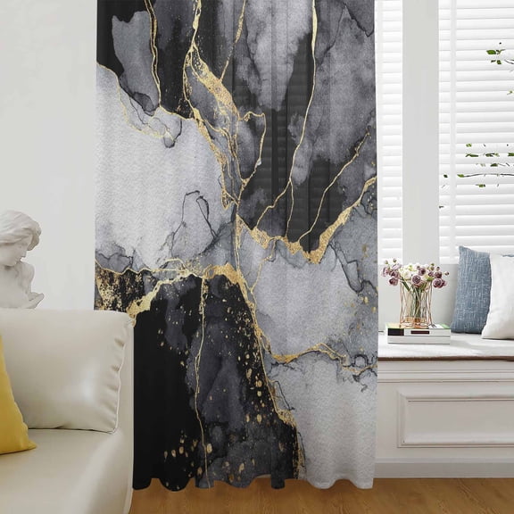 Black Grey Marble Semi Sheer Curtains Drapes for Living Room, Bedroom, French Doors Window 84 Inches Long, Modern Gradient Abstract Aesthetic Rod Pocket Chiffon Curtain Drapery Voile Draperies Panel