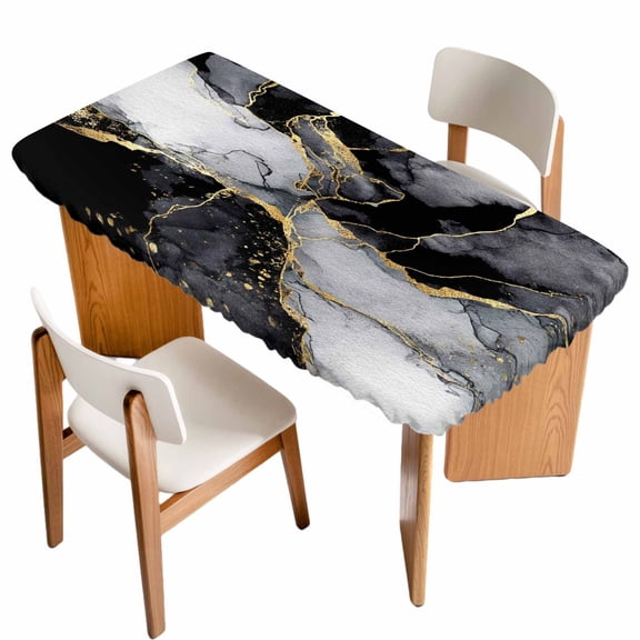 Black Grey Marble Table Cloths for 3 Foot Rectangle Tables, Modern Gradient Abstract Aesthetic Patio Waterproof Elastic Fitted Tablecloths, Washable Rectangular Table Cover for Camping