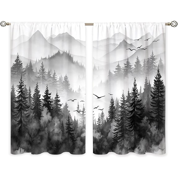 Black Grey Misty Forest Small Kitchen Curtains Tree Mountain Window Treatment Woodland Landscape Rod Pocket Cafe Short Curtains for Bathroom Dining Room Men Tier Treatment Drapes 28x40 inch 2-Pack