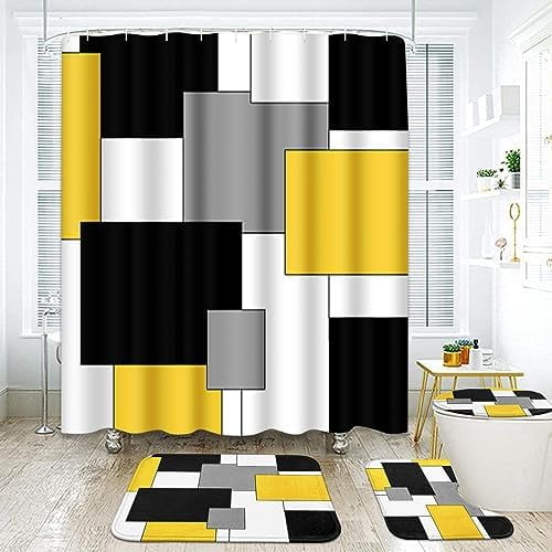 4 Pcs Bathroom Shower Curtain Set,Black Stripe Bathroom Decor
