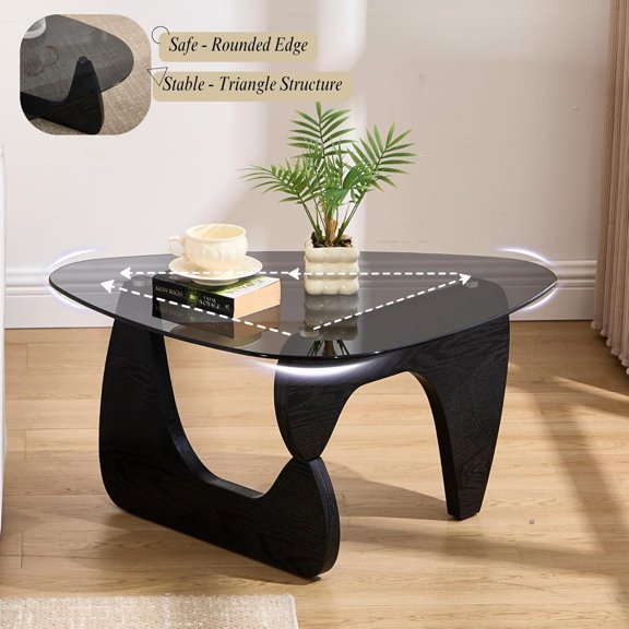 Black Grey Modern Triangle Coffee Table, Tempered Glass Top & Wood Base Accent Table, Low  Abstract Geometric Side Table for Living Room Office