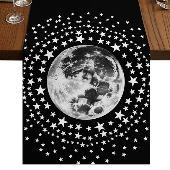 Black Grey Moon Burlap Cotton Table Runner 13x36 Inches Short, Modern Abstract Minimalist Stars Artwork Farmhouse Table Runners, Outdoor Dining Tablecloths Decor for Baby Shower/Party/Wedding