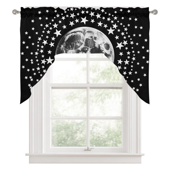 Black Grey Moon Kitchen Curtains Swag Valance for Windows/Bathroom/Cafe, Modern Abstract Minimalist Stars Artwork Rod Pocket Drape Panel Swag Curtains Valance for Bedroom/Living Room 56"x36"