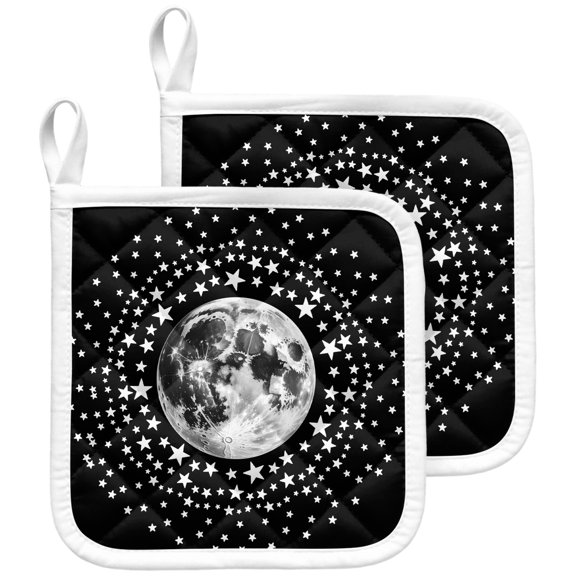 Black Grey Moon Pot Holders for Kitchen Heatproof Potholder, 2 Pack Modern Abstract Minimalist Stars Artwork Hot Pads Multipurpose Oven Pads Terry Cloth Potholders Trivet for Cooking and Baking