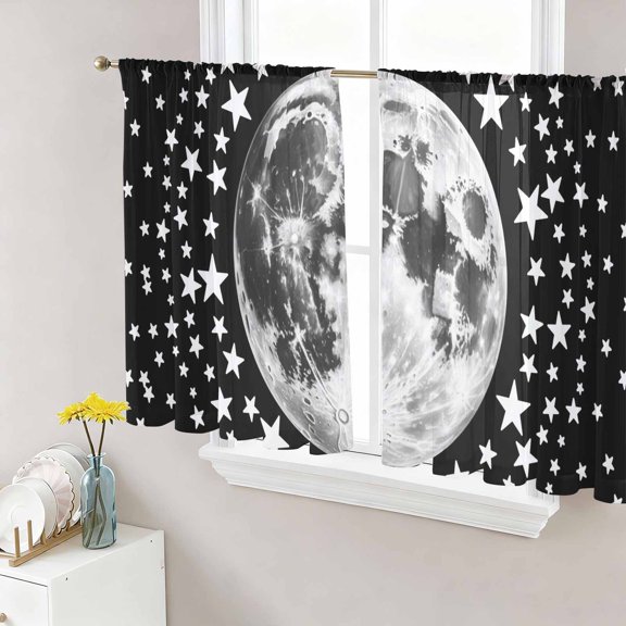 Black Grey Moon Semi Sheer Curtains 54 Inch Length 2 Panels Set, Modern Abstract Minimalist Stars Artwork Sheer Kitchen Curtain Privacy Voile Window Curtain for Living Room Bedroom Rod Pocket Drapes