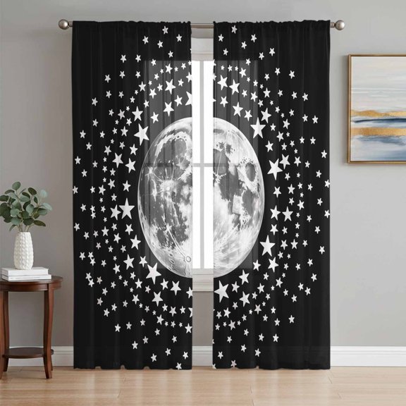 Black Grey Moon Semi Sheer Curtains 96 Inch Length 2 Panels Set, Modern Abstract Minimalist Stars Artwork Sheer Kitchen Curtain Privacy Voile Window Curtain for Living Room Bedroom Rod Pocket Drapes