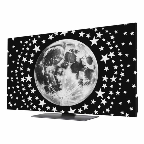 Black Grey Moon TV Cover for 24 Inch Screen,Stretch Fabric Dustproof TV Display Protector,Modern Abstract Minimalist Stars Artwork Elastic Slipcover Monitor Cover for Indoor Computer 20.9"x11.8"