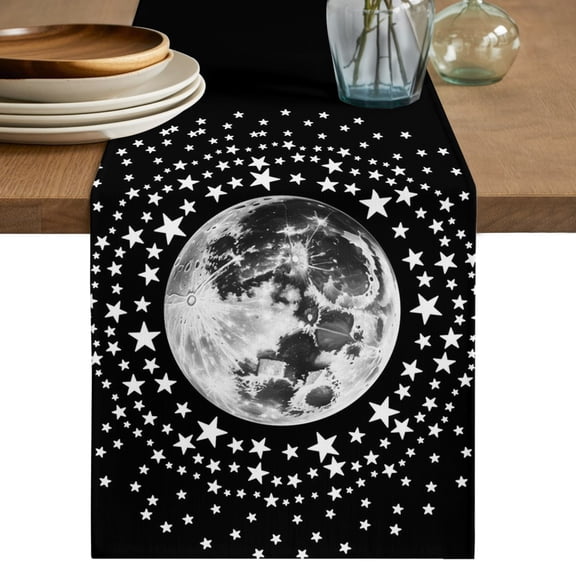 Black Grey Moon Table Runner 36 Inches Long,Modern Abstract Minimalist Stars Artwork Cotton Linen Table Runners Dresser Scarves,Fabric Tabletop Scarf Furniture Cover for Home Dinner Party 13"x36"
