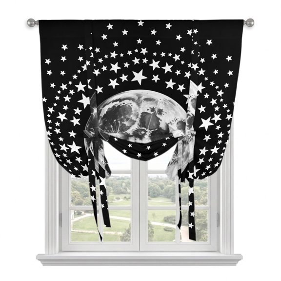 Black Grey Moon Tie Up Curtains for Windows 45 Inch Length Balloon Curtains Kitchen Adjustable Balloon Window Shade Modern Abstract Minimalist Stars Artwork Tie Up Bathroom Curtain Window 34"x45"