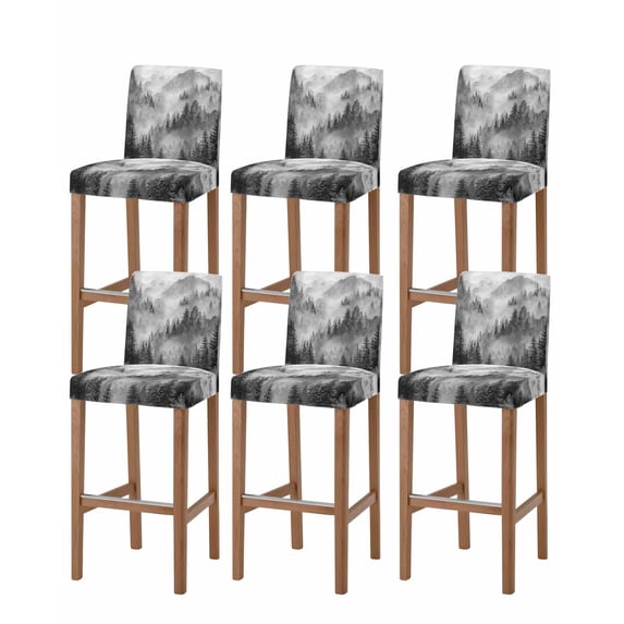Black Grey Mountain Bar Stool Covers Set of 6, Misty Forest Nature Woodland Pine Tree Landscape Stretch Bar Chair Covers with Backs, Removable Pub Counter Chair Cover for Kitchen Dining Room Cafe