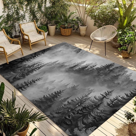 Black Grey Mountain Outdoor Rug for Patio/Deck, Non-Slip Large Area Rug 4 x 6 Ft, Misty Forest Nature Woodland Pine Tree Landscape Indoor Outdoor Rugs Washable Area Rugs, Camping Rug Carpet Runner