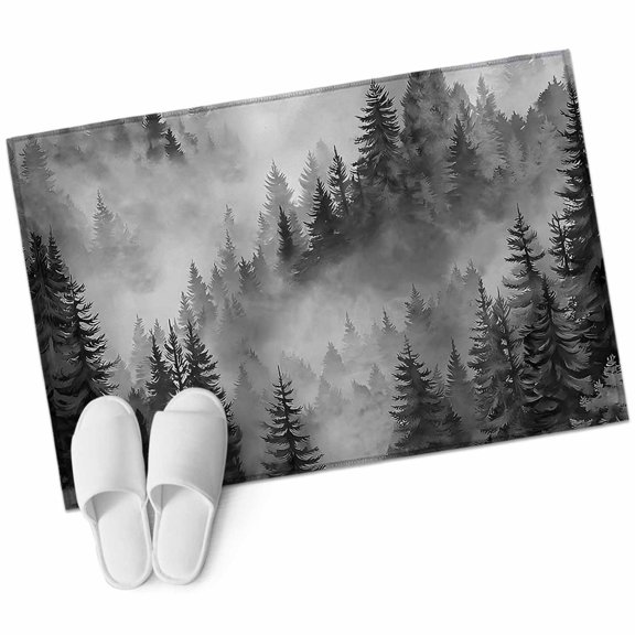 Black Grey Mountain Rug 2x3 Area Rug Washable Indoor Doormat Small Bathroom Rugs Non-Slip Low Pile Accent Throw Rugs Misty Forest Nature Woodland Pine Tree Landscape Carpet for Kitchen Bedroom