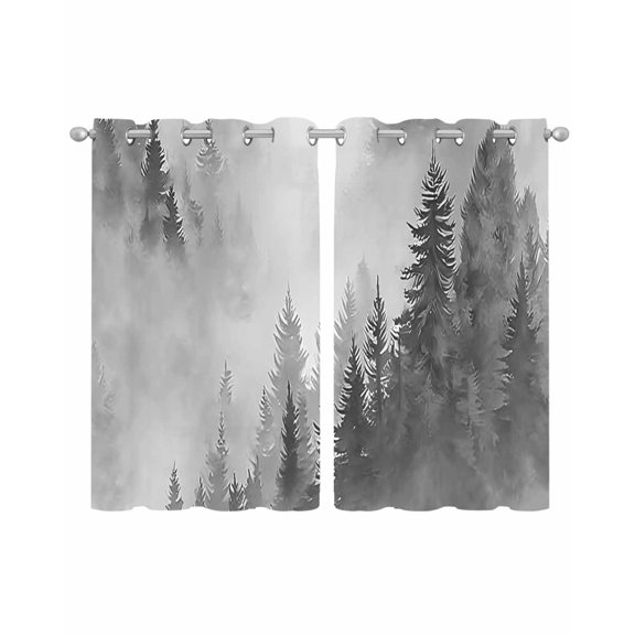 Black Grey Mountain Sheer Curtains 39 Inch Length 2 Panels Set for Living Room/Bedroom, Misty Forest Nature Woodland Pine Tree Landscape Kitchen Curtains Curtains Window Treatments 27.5"x39"x2