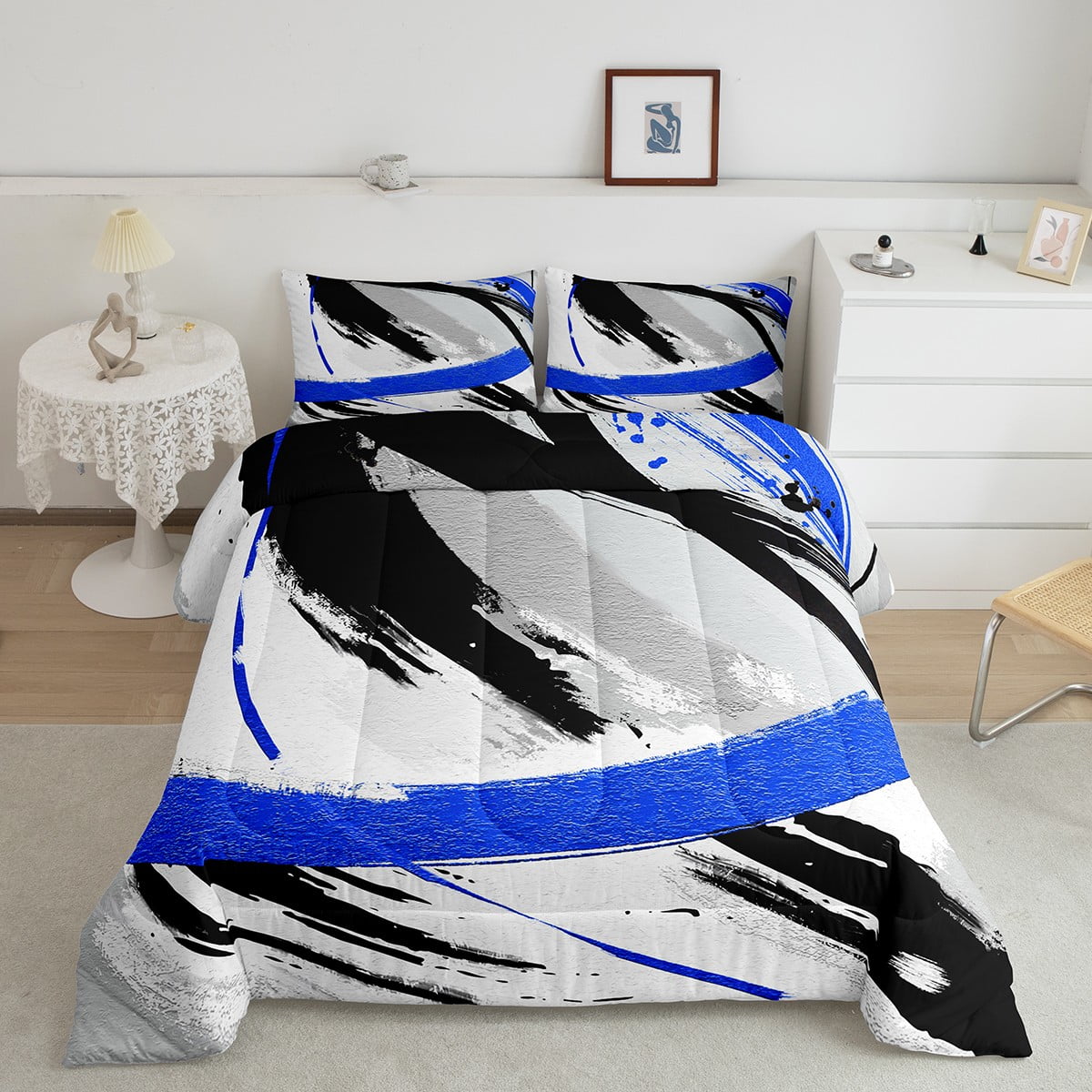 Black Grey Navy Blue Queen Bedding Sets Brush Strokes Oil Painting