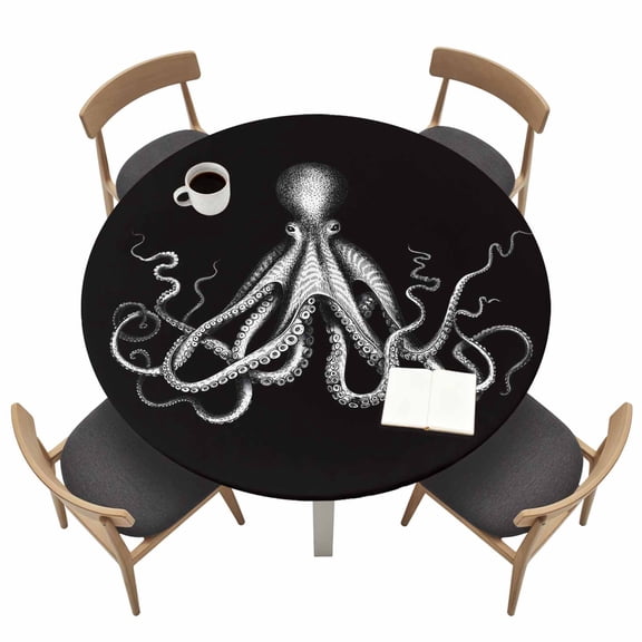 Black Grey Octopus Fitted Tablecloth with Elastic Edged, Round Table Cloth for Dining Table, Summer Ocean Animals Vintage Waterproof Oil Proof Table Cover for Indoor Outdoor 36"-44"