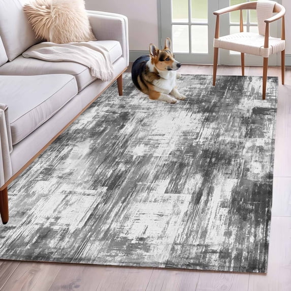 Black Grey Ombre Area Rug 4'x6', Gradient Abstract Art Vintage Washable Non-Slip Rugs, Low Pile Large Carpet for Living Room Bedroom Dining Room Kitchen Office Indoor Mat