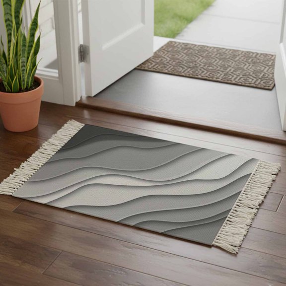 Black Grey Ombre Bathroom Rug 2'x3', Modern Geometric Abstract Aesthetic Cream Low Profile Front Entryway Rug with Tassels, Woven Cotton Washable Kitchen Mat Carpet for Foyer Bedroom Back Door Decor