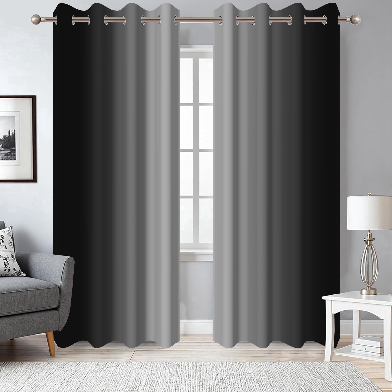 Black Grey Ombre Blackout Curtains for Living Room,Grommet Thermal Insulated Window Drapes for Bedroom(52Wx84L,2 Panels)
