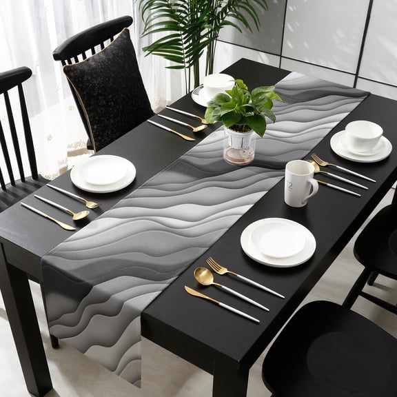 Black Grey Ombre Cotton Linen Table Runner 18 x 72 inch Modern Geometric Abstract Aesthetic Cream Non-slip Rectangular Dining Table Decor for Wedding Party Holiday Dinner
