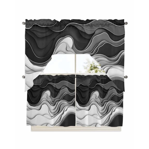 Black Grey Ombre Kitchen Curtain and Valance Set 3 Pieces,Rod Pocket Short Tier Curtains 24 Inch Length,Abstract Modern Geometric Moire Art Swag Topper Small Window Treatment for Cafe Bathroom