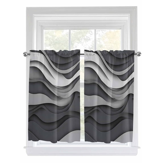Black Grey Ombre Kitchen Curtains 54 Inches length, Abstract Grey Wave Texture Gradient Window Treatment Curtain Drapes, Thermal Insulated Drapes for Basement Hotel RV, 42"x54", 2 Panels