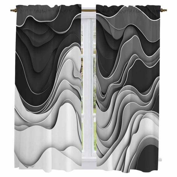 Black Grey Ombre Kitchen Curtains, Abstract Modern Geometric Moire Art Light Filtering Window Curtain Panels, 2Pcs Rod Pocket Window Treatments Set for Living Room Bathroom Bedroom 42x63 Inches
