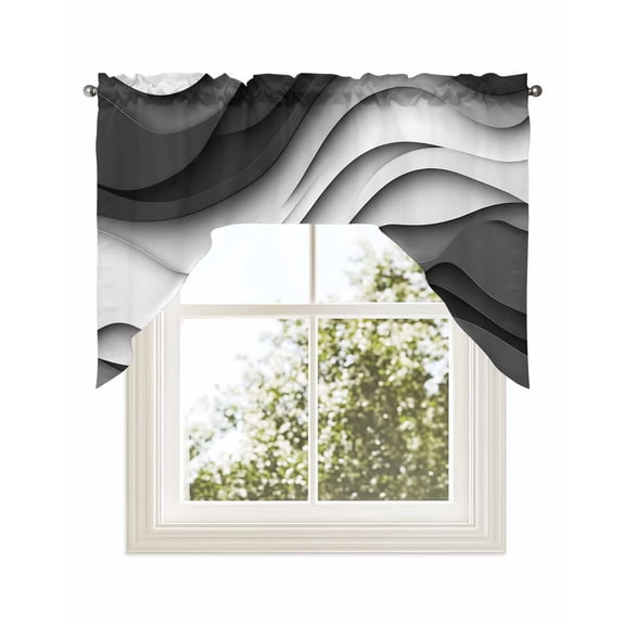 Black Grey Ombre Kitchen Swag Valance for Window,Rod Pocket Short Kitchen Curtains&nbsp;36 Inch Length,Moire Modern Aesthetics Geometric Abstract Swag Topper Small Window Treatment for Cafe Bathroom