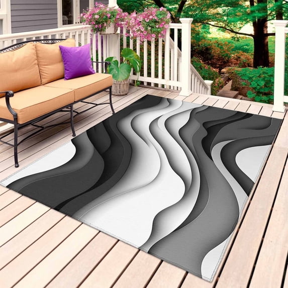 Black Grey Ombre Outdoor Rug for Patio/Deck/Porch, Non-Slip Large Area Rug 6 x 9 Ft, Moire Modern Aesthetics Geometric Abstract Indoor Outdoor Rugs Washable Area Rugs, Camping Rug Carpet Runner