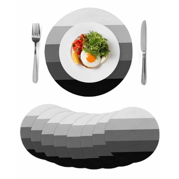 Black Grey Ombre Round 15 Inch Placemats Set of 8, Modern Abstract Art Farmhouse Striped HeatResistant Non Slip Place Mats for Dining Table, Wipeable Braided Kitchen Table Mats for Housewarming