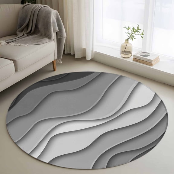 Black Grey Ombre Round Area Rug 4Ft, Non Slip Circle Area Rugs for Bedroom, Modern Geometric Abstract Aesthetic Cream Low Pile Indoor Floor Carpet Door Mat for Kitchen Bathroom Entryway Nursery