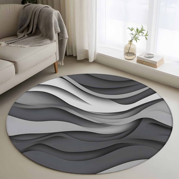 Black Grey Ombre Round Area Rug 4ft, Modern Geometric Abstract Moire Art Washable Non-Slip Circle Rugs for Bedroom Living Room Kitchen, Soft Non Shedding Circle Carpet for Dining Room Dorm