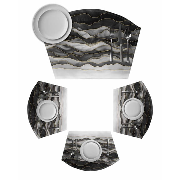Black Grey Ombre Round Table Placemats Set of 2 Wedge Placemats, Modern Moire Abstract Art Luxury Place Mats for Dining Table Set Washable Mats Kitchen Decor for Indoor Outdoor Wipe Clean
