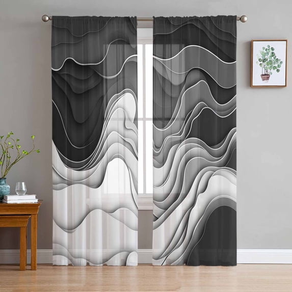 Black Grey Ombre Semi Sheer Curtains 72 Inch Length 2 Panels Set, Abstract Modern Geometric Moire Art Sheer Kitchen Curtain Privacy Voile Window Curtain for Living Room Bedroom Rod Pocket Drapes